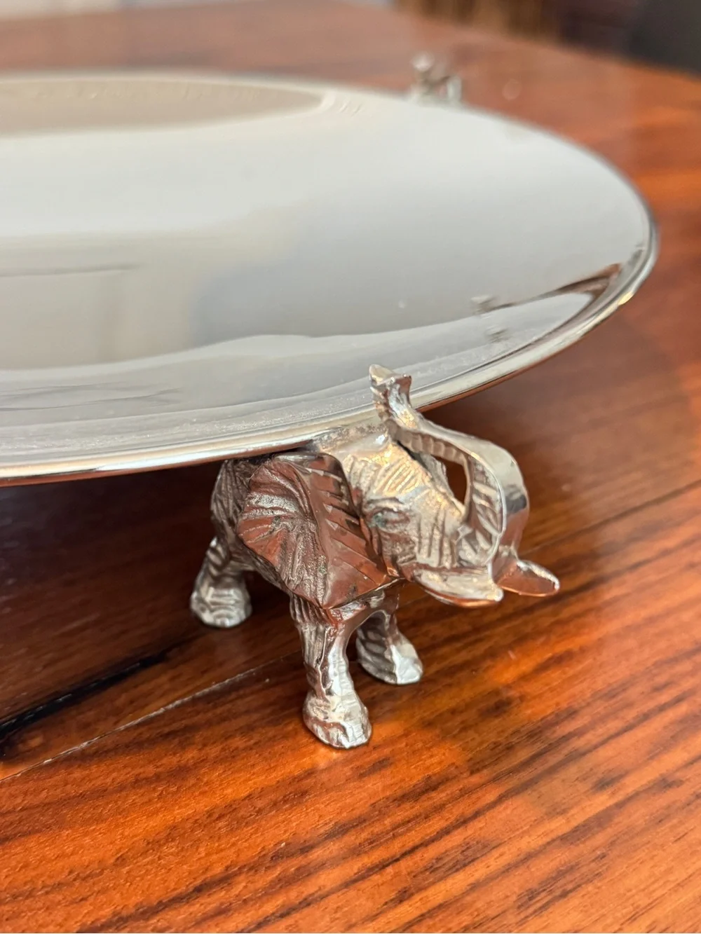 Silver Metal 12 in. Round Decorative Tray with Elephants 12.5”